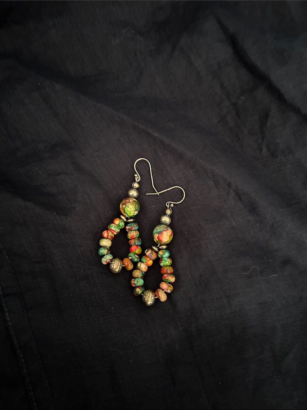 Handcrafted silver, Multicolor Beaded Hoop Earrings — Vibrant Green & Orange